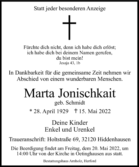 Traueranzeige von Marta Jonischkait von Neue Westfälische