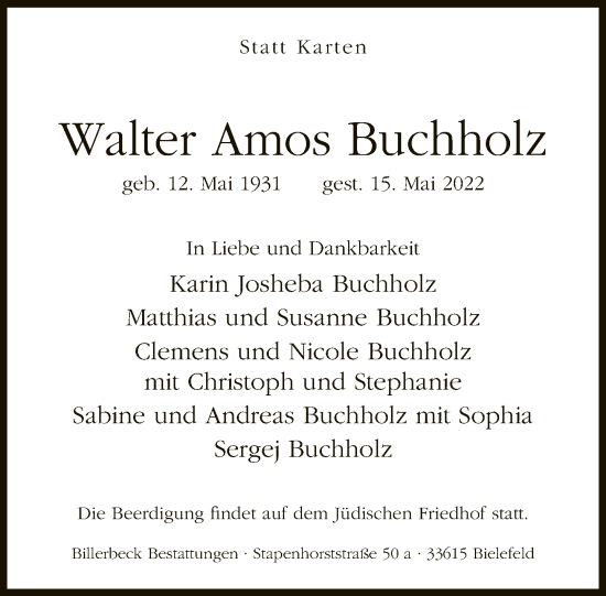 Traueranzeige von Walter Amos Buchholz von Neue Westfälische