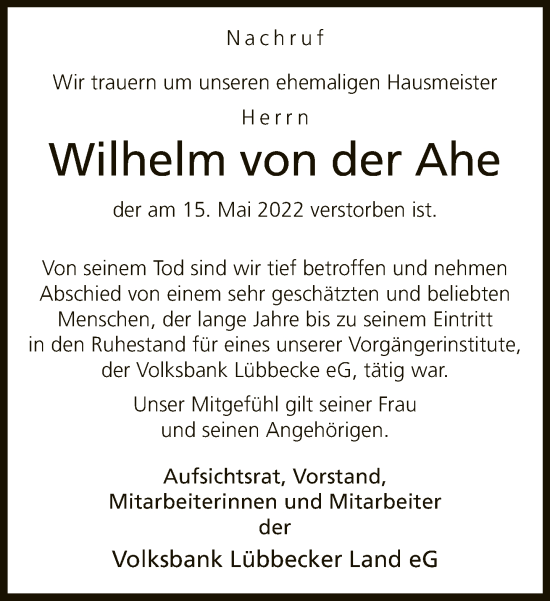 Traueranzeige von Wilhelm von der Ahe von Neue Westfälische