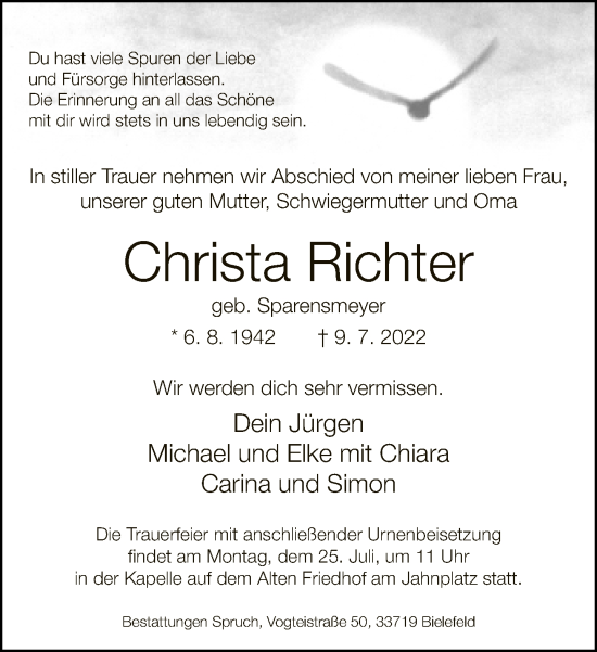 Traueranzeige von Christa Richter von Neue Westfälische