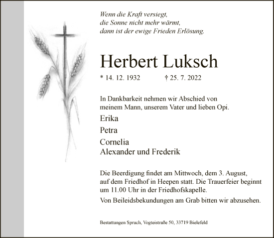 Traueranzeige von Herbert Luksch von Neue Westfälische