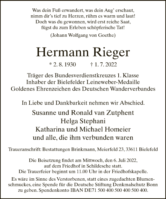 Traueranzeige von Hermann Rieger von Neue Westfälische