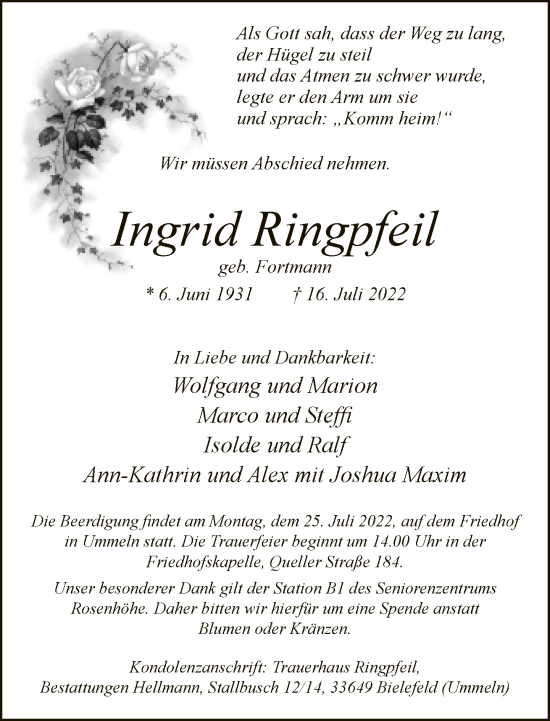 Traueranzeige von Ingrid Ringpfeil von Neue Westfälische