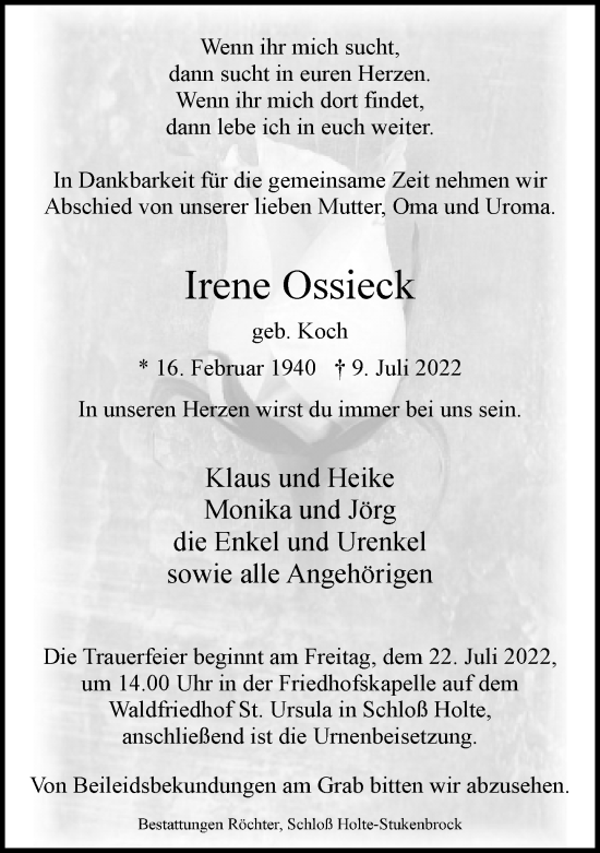 Traueranzeige von Irene Ossieck von Neue Westfälische