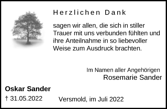 Traueranzeige von Oskar Sander von Neue Westfälische