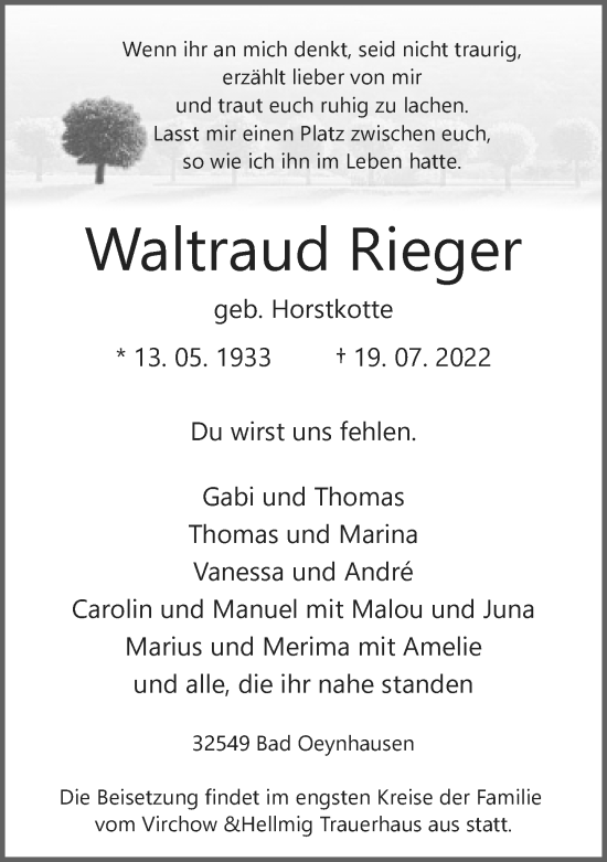 Traueranzeige von Waltraud Rieger von Neue Westfälische