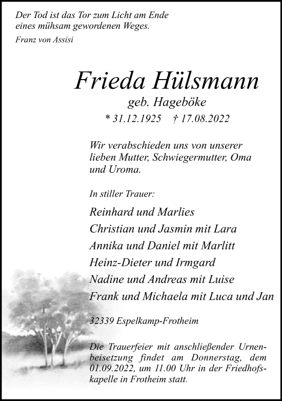 Traueranzeige von Frieda Hülsmann von Neue Westfälische