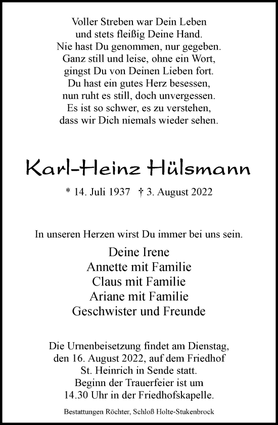 Traueranzeige von Karl-Heinz Hülsmann von Neue Westfälische