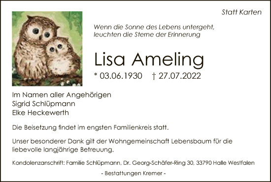 Traueranzeige von Lisa Ameling von Neue Westfälische