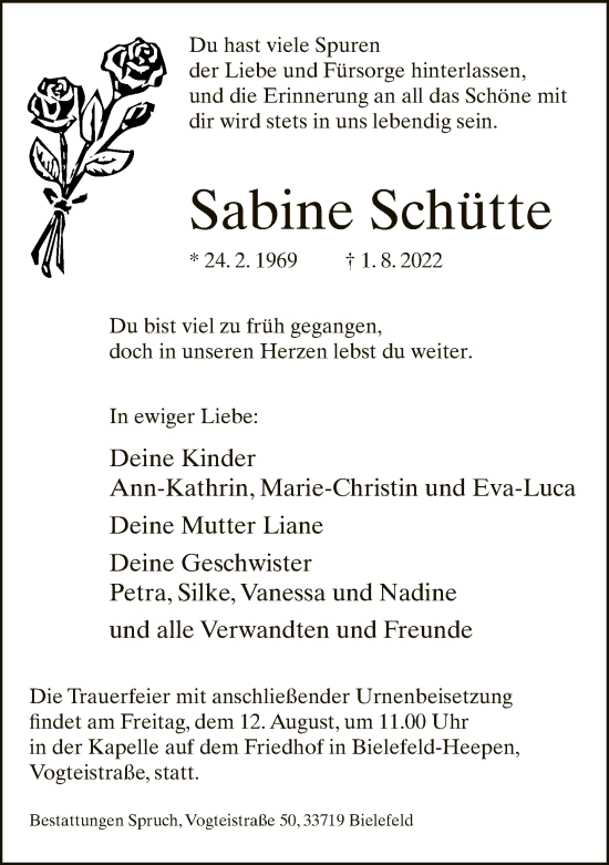 Traueranzeige von Sabine Schütte von Neue Westfälische