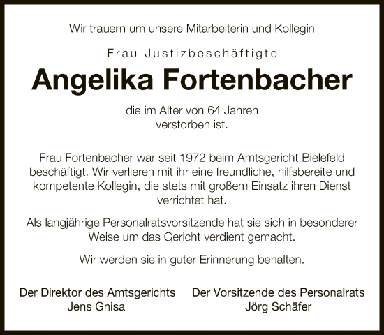 Traueranzeige von Angelika Fortenbacher von Neue Westfälische