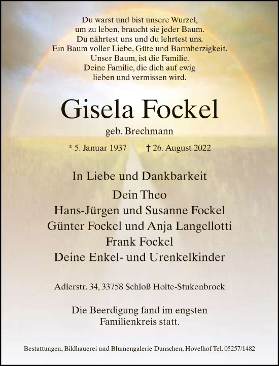 Traueranzeige von Gisela Fockel von Neue Westfälische