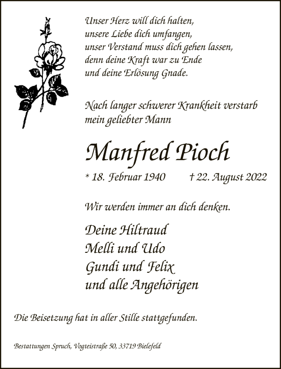 Traueranzeige von Manfred Pioch von Neue Westfälische