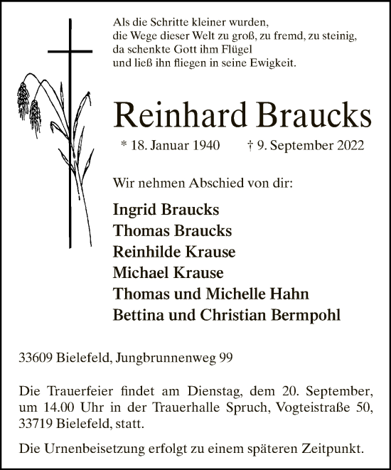 Traueranzeige von Reinhard Braucks von Neue Westfälische