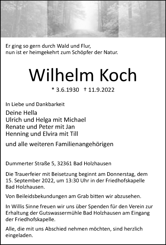 Traueranzeige von Wilhelm Koch von Neue Westfälische