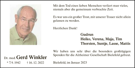 Traueranzeige von Gerd Winkler von Neue Westfälische