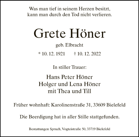 Traueranzeige von Grete Höner von Neue Westfälische