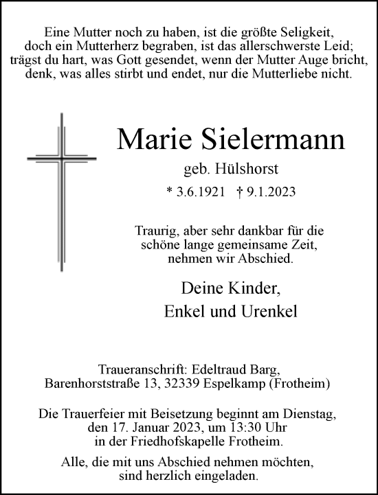 Traueranzeige von Marie Sielermann von Neue Westfälische