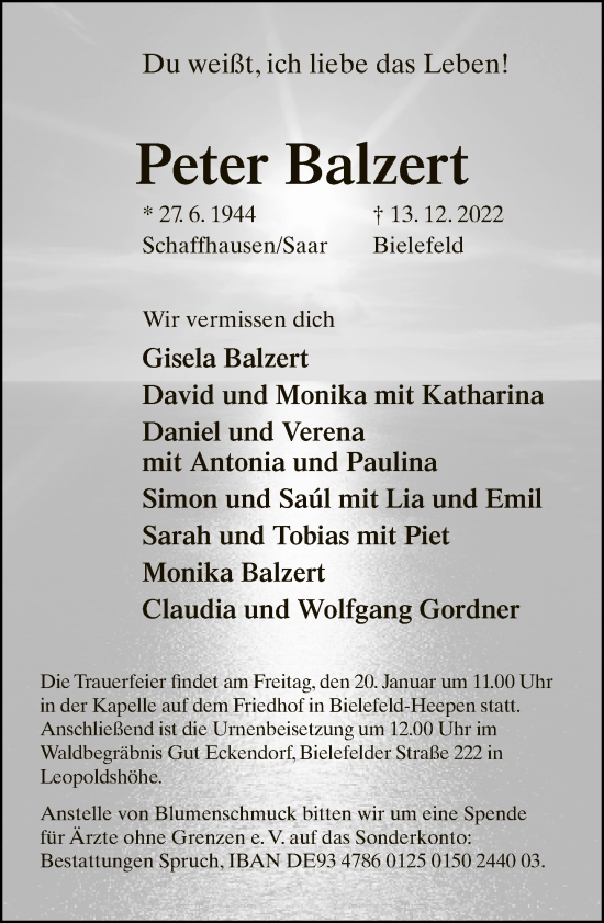 Traueranzeige von Peter Balzert von Neue Westfälische