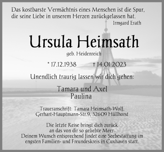 Traueranzeige von Ursula Heimsath von Neue Westfälische