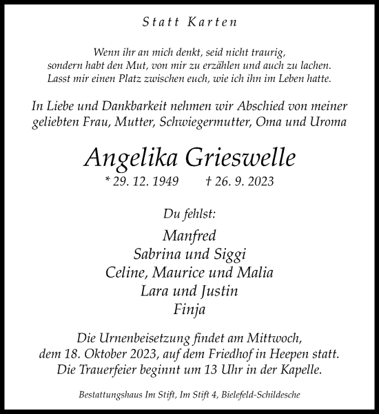 Traueranzeige von Angelika Grieswelle von Neue Westfälische