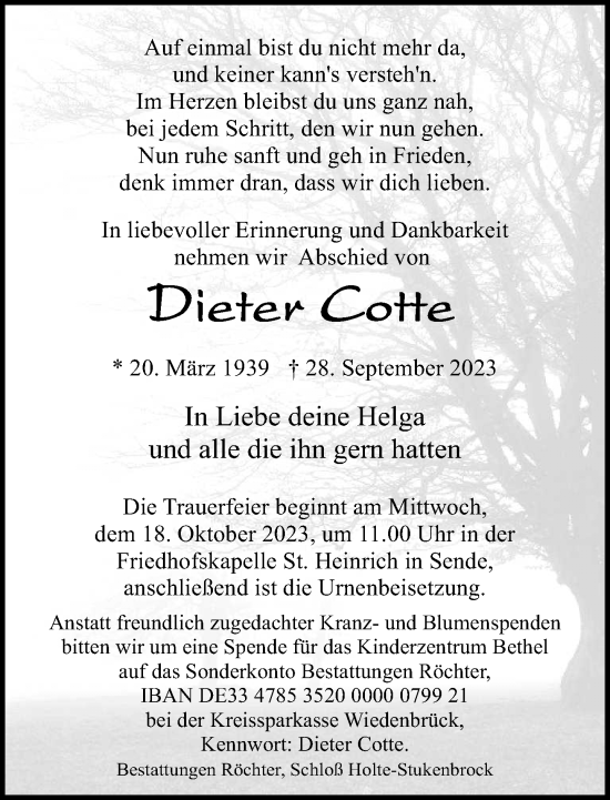 Traueranzeige von Dieter Cotte von Neue Westfälische