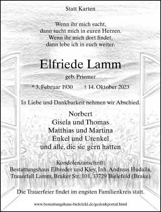 Traueranzeige von Elfriede Lamm von Neue Westfälische