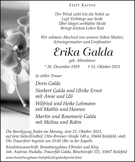 Traueranzeige von Erika Galda von Neue Westfälische