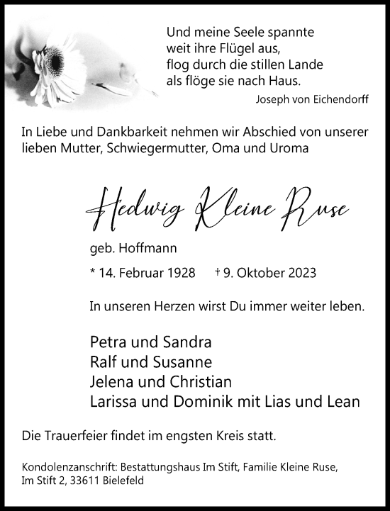 Traueranzeige von Hedwig Kleine Ruse von Neue Westfälische