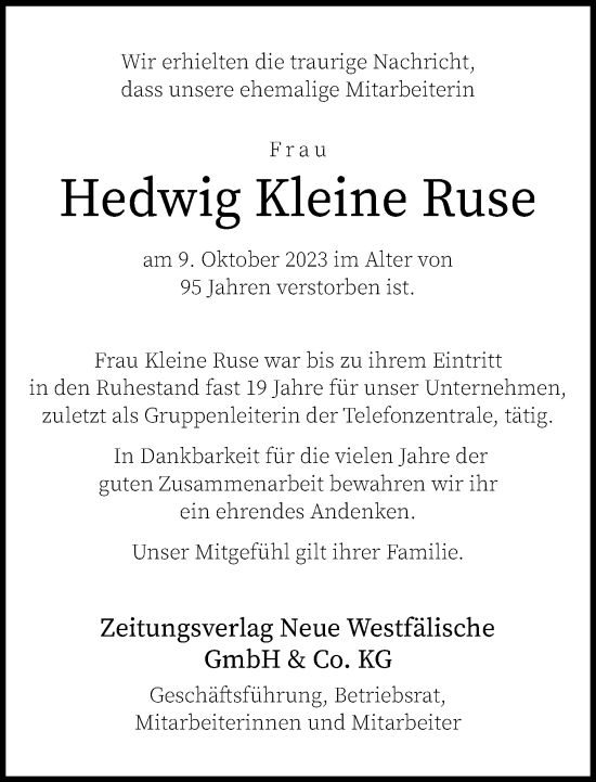 Traueranzeige von Hedwig Kleine Ruse von Neue Westfälische