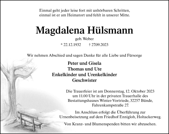 Traueranzeige von Magdalena Hülsmann von Neue Westfälische