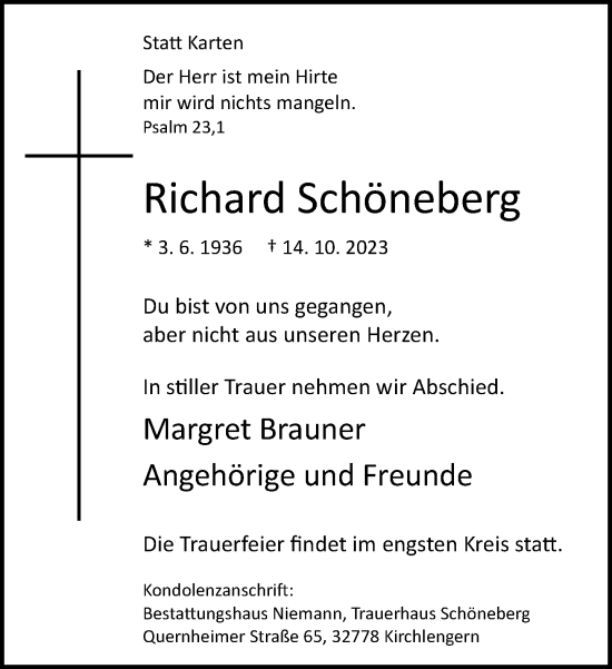 Traueranzeige von Richard Schöneberg von Neue Westfälische