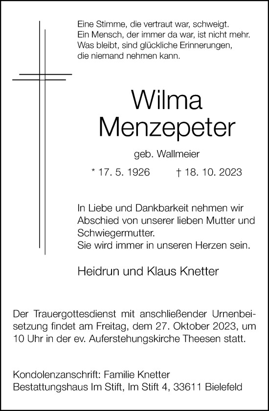 Traueranzeige von Wilma Menzepeter von Neue Westfälische