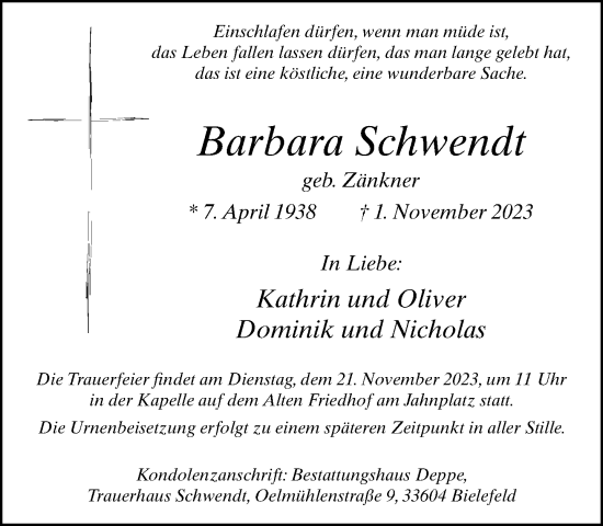 Traueranzeige von Barbara Schwendt von Neue Westfälische