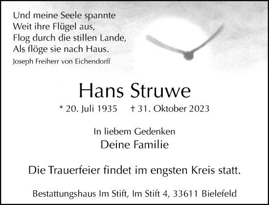 Traueranzeige von Hans Struwe von Neue Westfälische