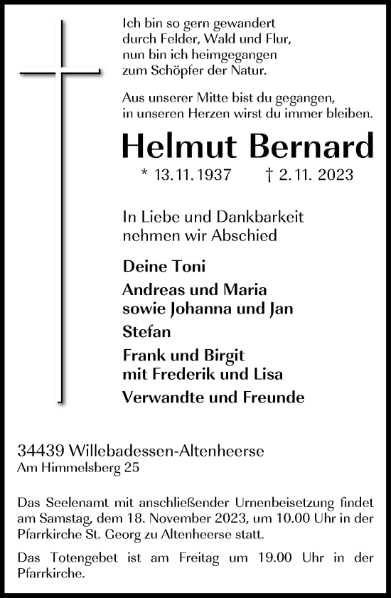 Traueranzeige von Helmut Bernard von Neue Westfälische