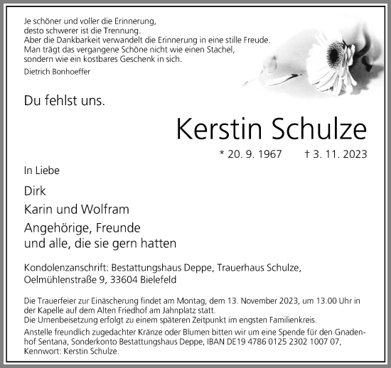 Traueranzeige von Kerstin Schulze von Neue Westfälische