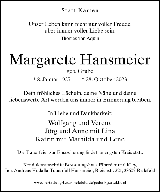 Traueranzeige von Margarete Hansmeier von Neue Westfälische