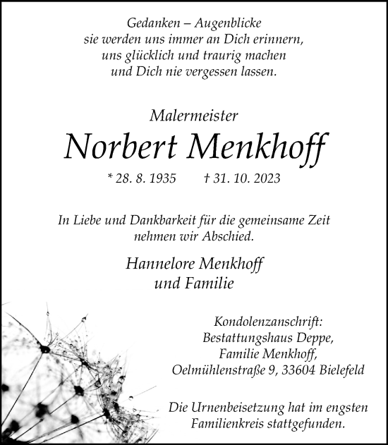 Traueranzeige von Norbert Menkhoff von Neue Westfälische