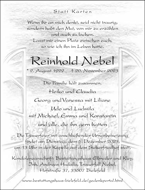 Traueranzeige von Reinhold Nebel von Neue Westfälische