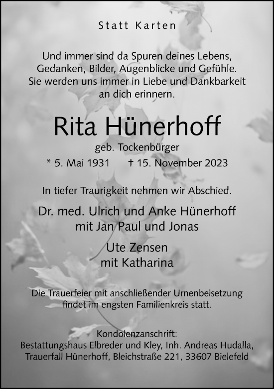 Traueranzeige von Rita Hünerhoff von Neue Westfälische