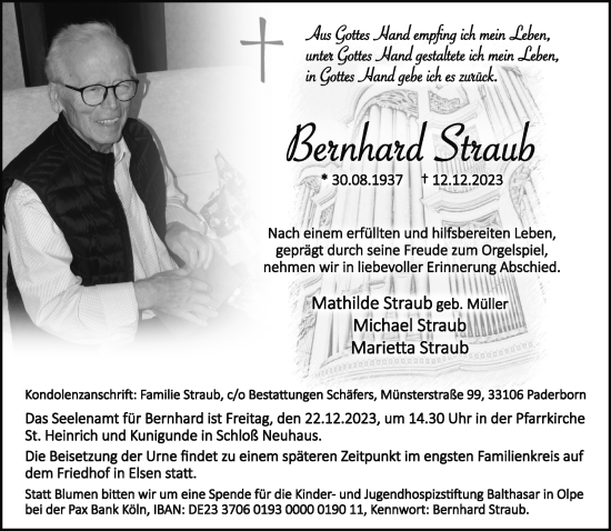 Traueranzeige von Bernhard Straub von Neue Westfälische