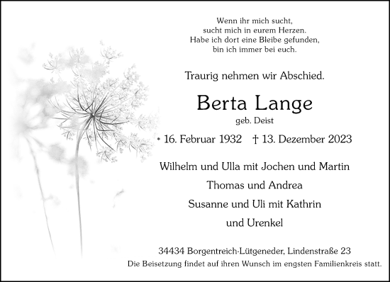 Traueranzeige von Berta Lange von Neue Westfälische