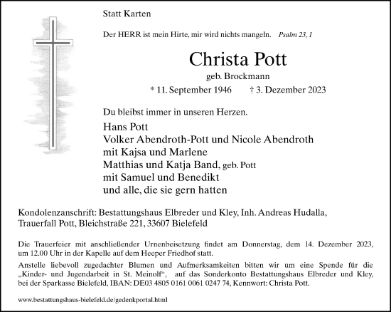 Traueranzeige von Christa Pott von Neue Westfälische