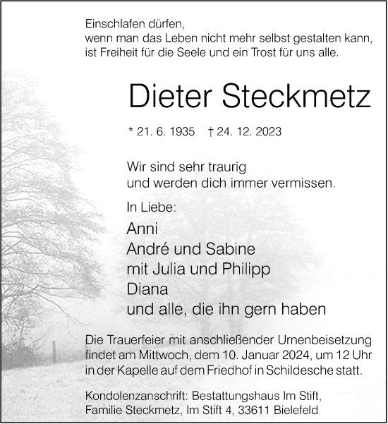 Traueranzeige von Dieter Steckmetz von Neue Westfälische