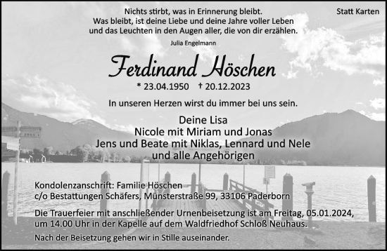 Traueranzeige von Ferdinand Höschen von Neue Westfälische