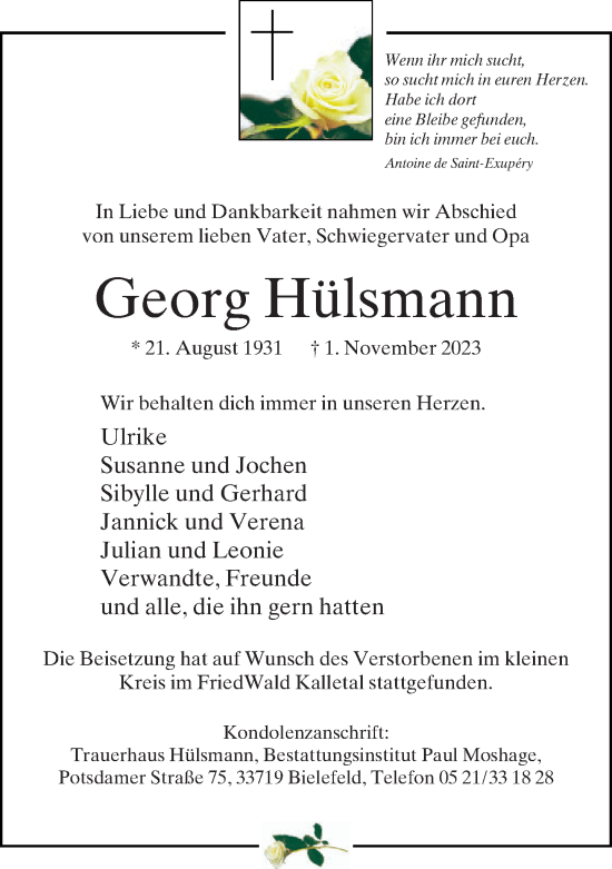 Traueranzeige von Georg Hülsmann von Neue Westfälische