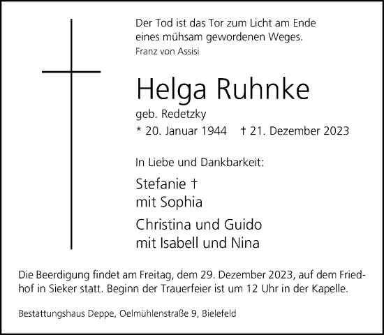 Traueranzeige von Helga Ruhnke von Neue Westfälische