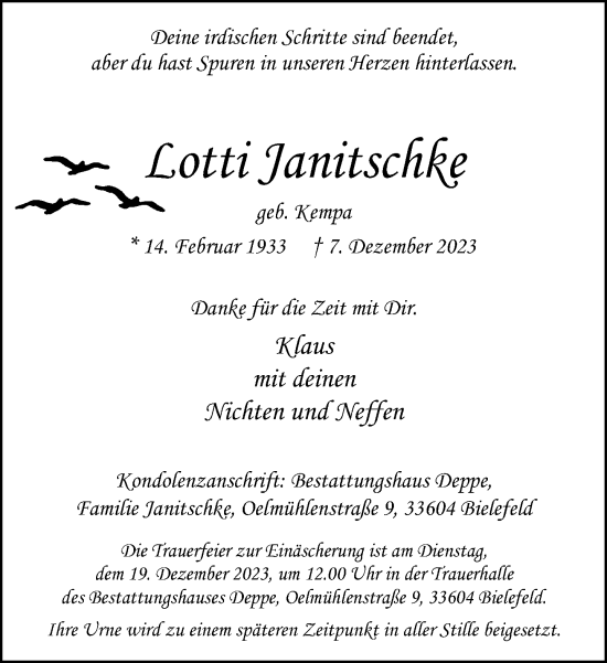 Traueranzeige von Lotti Janitschke von Neue Westfälische