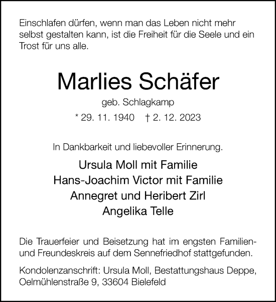 Traueranzeige von Marlies Schäfer von Neue Westfälische